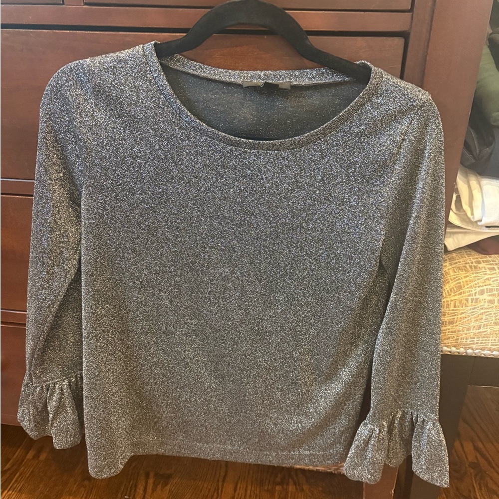 2 J. Crew Olive Green and Silver sparkly Knit Tops with Subtle Boat Neck
